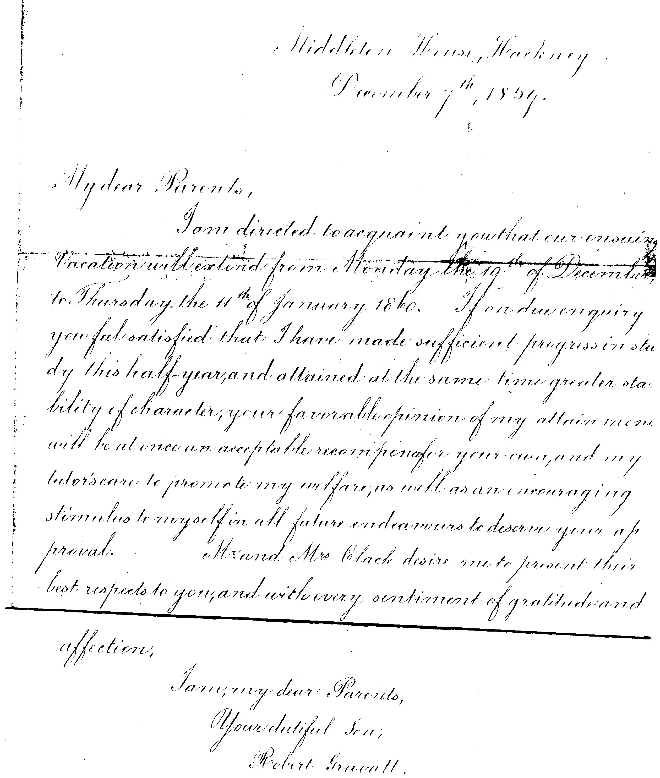 Letter from Robert Gravatt to his parents 1859